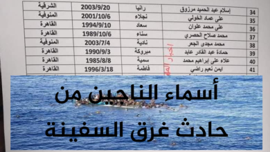 أسماء الناجين من حادث غرق السفينة